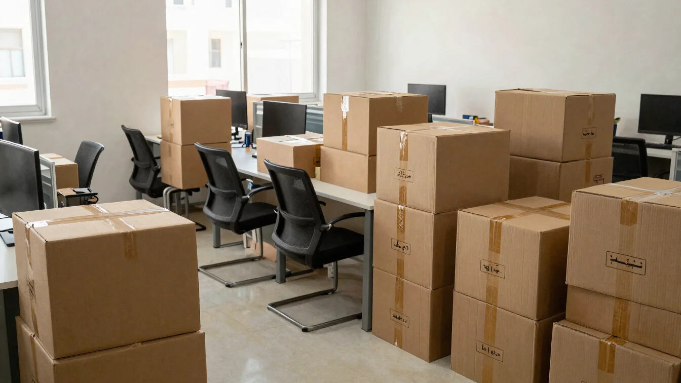 Realistic editorial photograph of organized office desks and labeled cardboard boxes stacked neatly in a bright office s