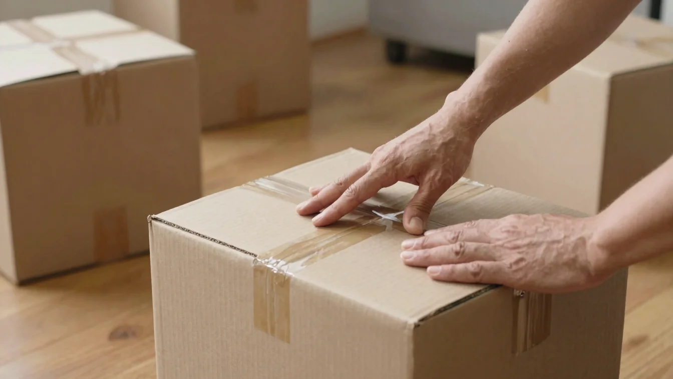 Realistic editorial photograph of hands labeling cardboard moving boxes on a wooden floor, neutral calm interior, natura
