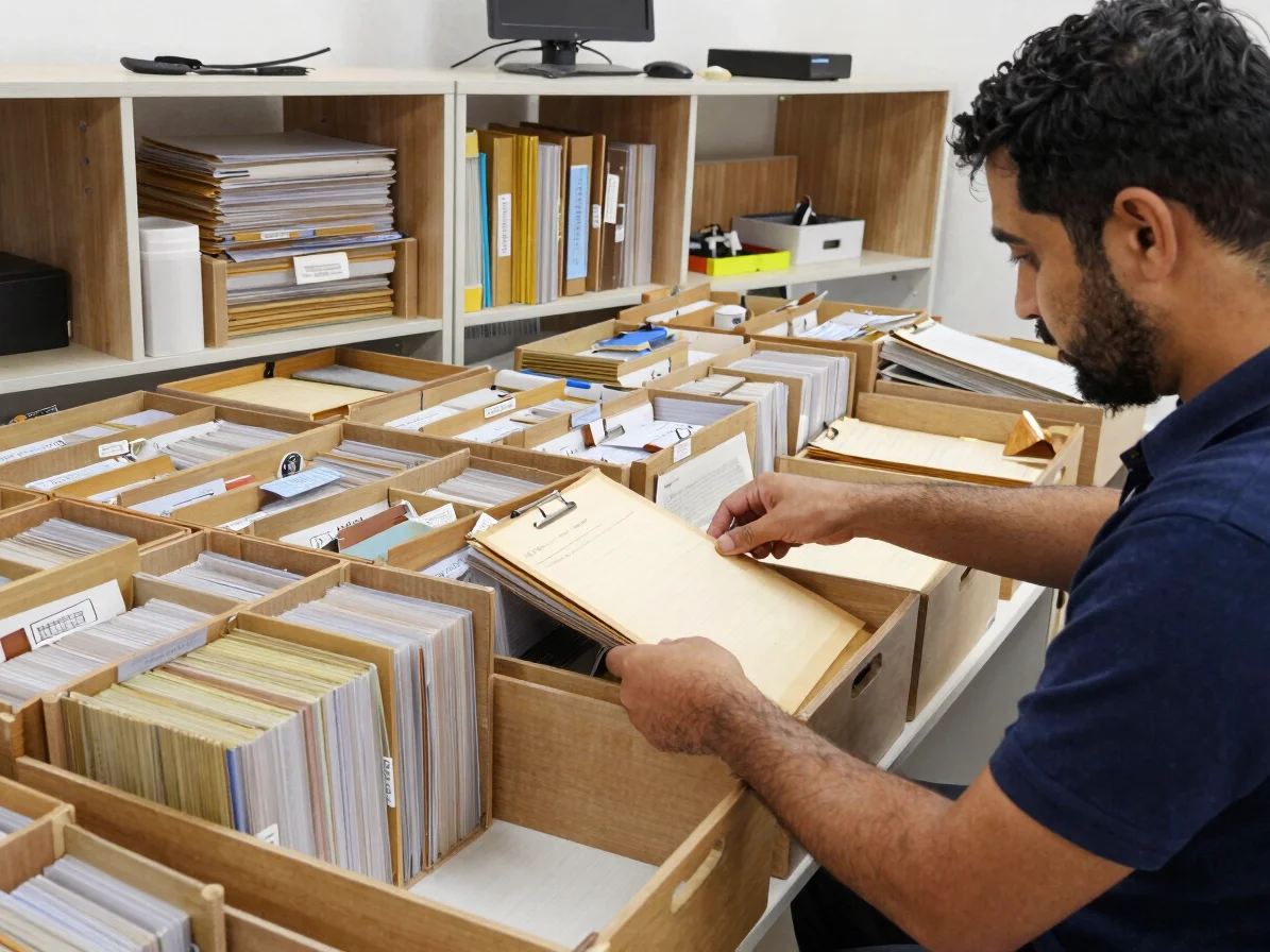 صناديق ملفات مرتبة بعناية داخل مكتب حديث في أبها، أيدي عاملين بمل