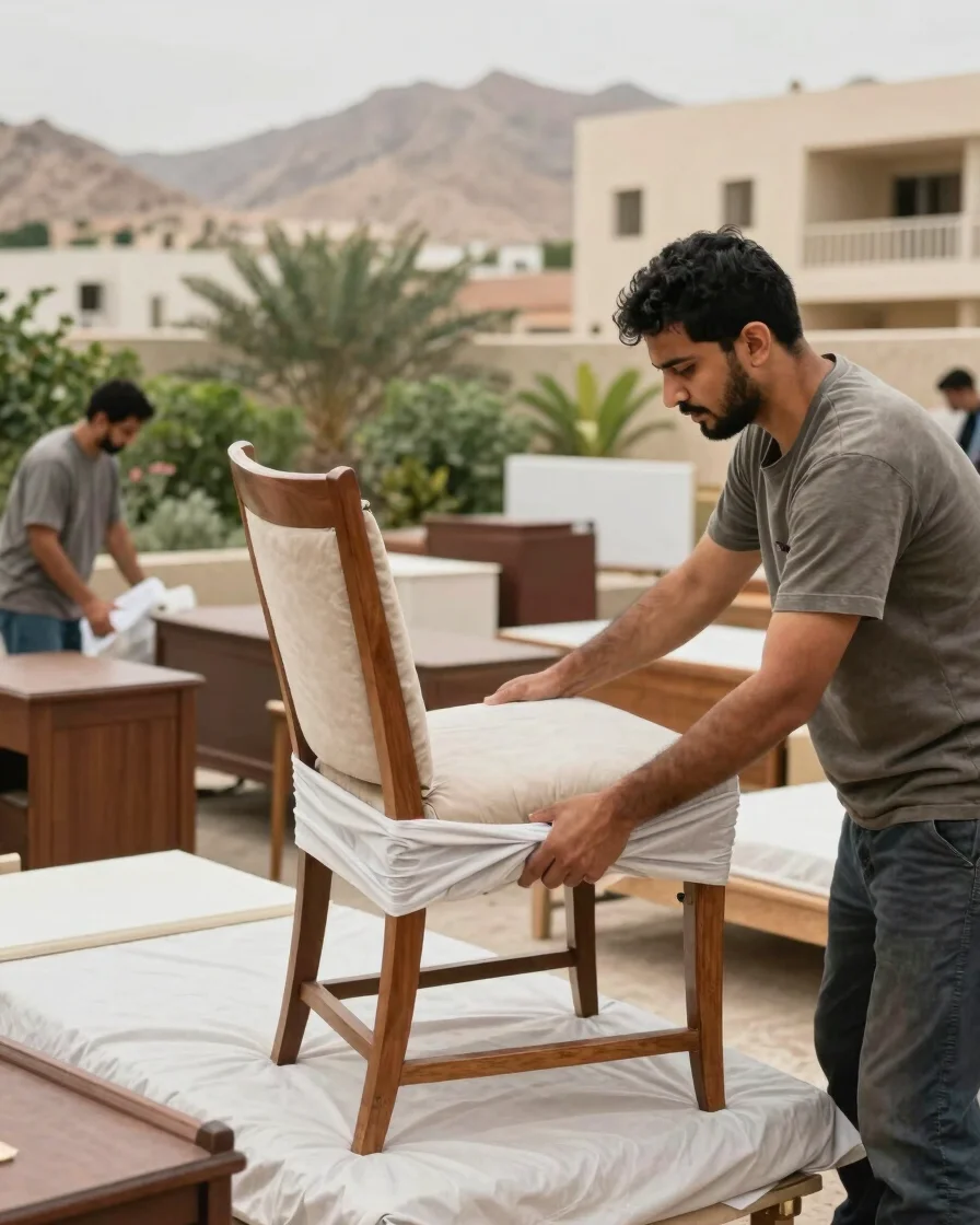 Realistic editorial photograph of a neatly organized furniture mo